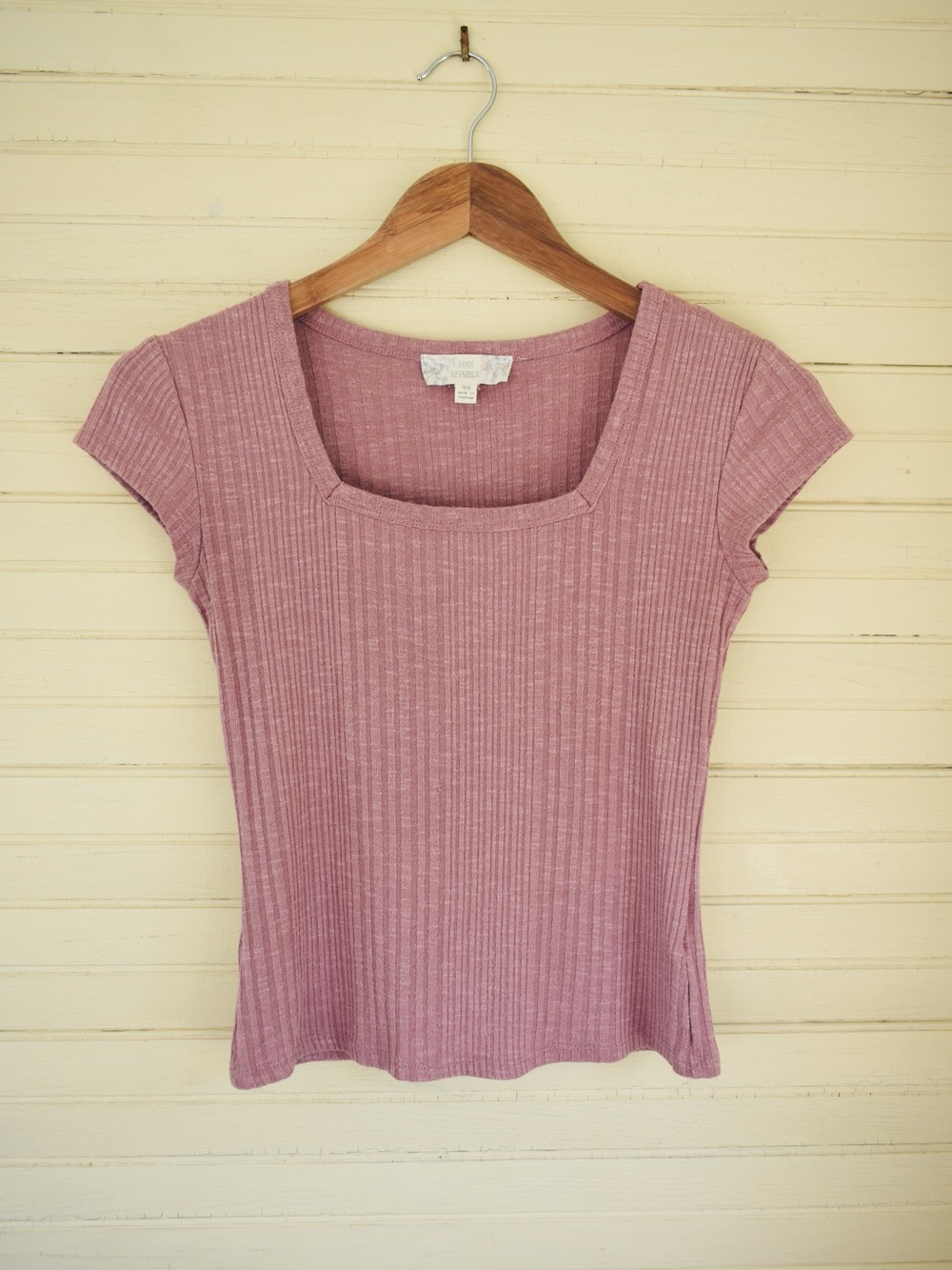Pink Republic Ribbed Square Neck Short Sleeve Top - Mauve Pink